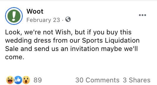 A screenshot of the initial social post announcing the wedding dress for sale. 