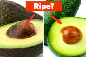 An arrow is pointing at a brown avocado is on the left with a green one on the right with "Ripe?" written over top