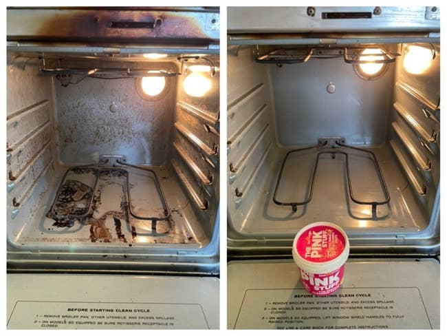 A reviewer's oven before/after cleaning, showing baked on brown stains being removed