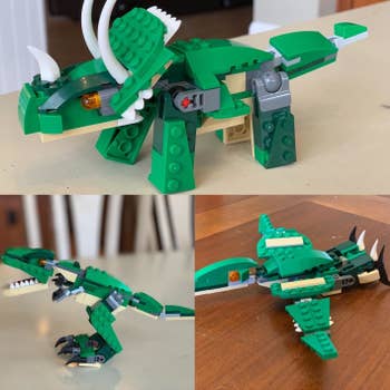 Reviewer showing three different dinosaurs made with the lego set