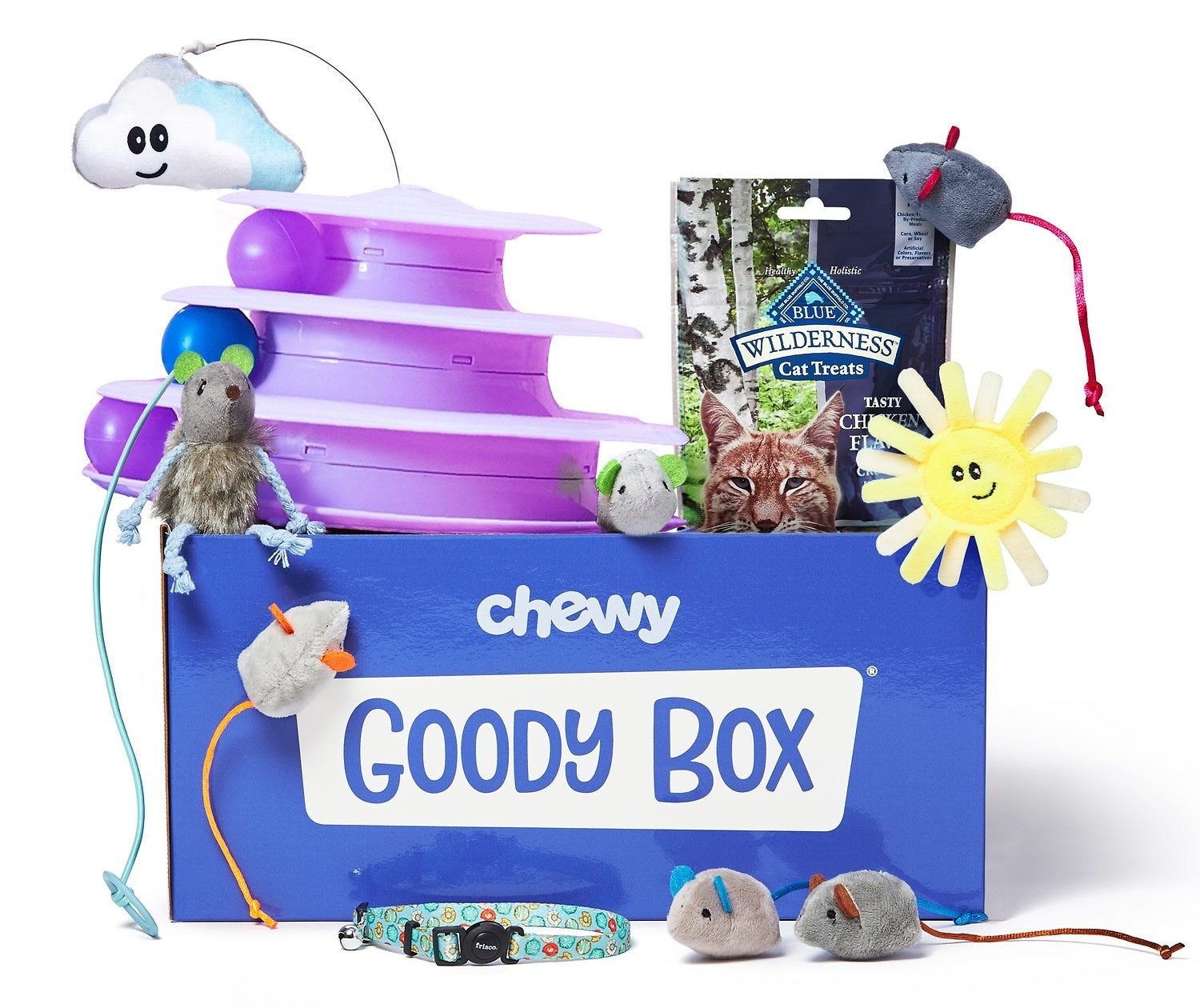 A Chewy Goody Box with toy mice, treats, a collar, and various toys