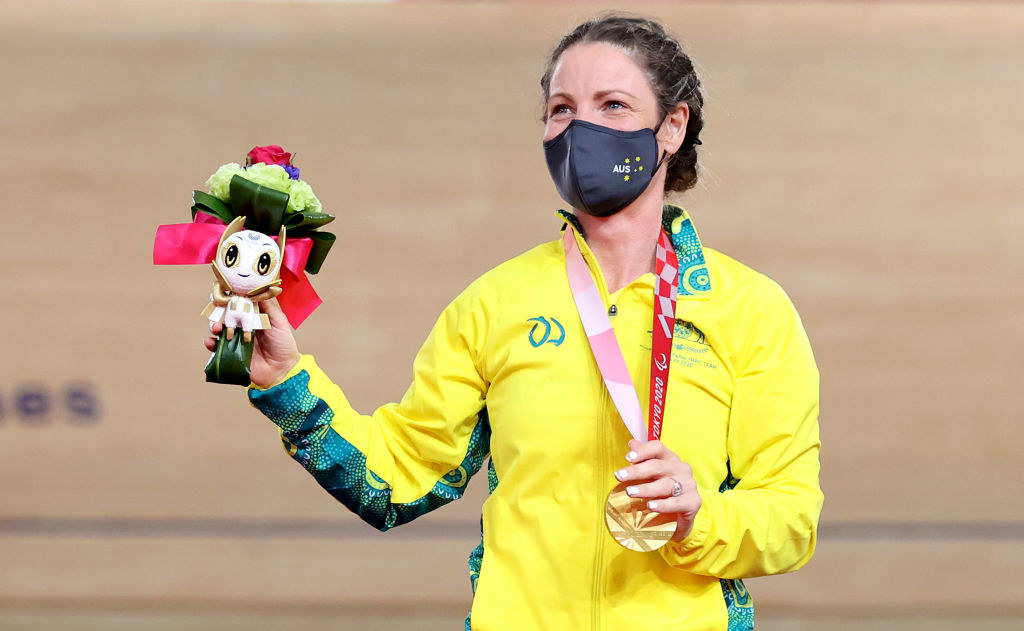 Gold medalist Emily Petricola of Team Australia poses during the medal ceremony for Track Cycling Women’s C4 3000m Individual Pursuit