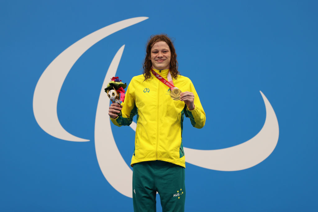 Ben Popham of Team Australia celebrates winning gold in the men’s 100m Freestyle - S8 final