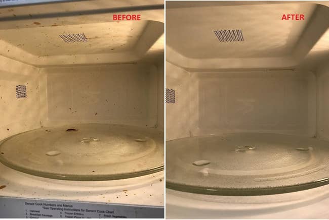 side by side of a dirty microwave with food splatter inside it next to an image of the same microwave looking totally clean after the steamer was used