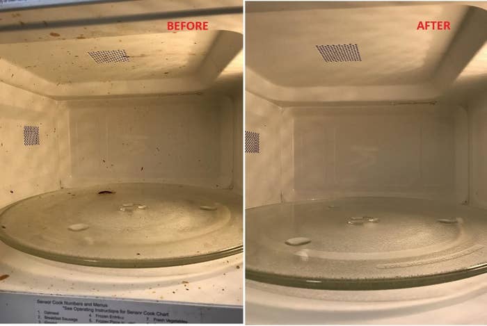 side by side of a dirty microwave with food splatter inside it next to an image of the same microwave looking totally clean after the steamer was used