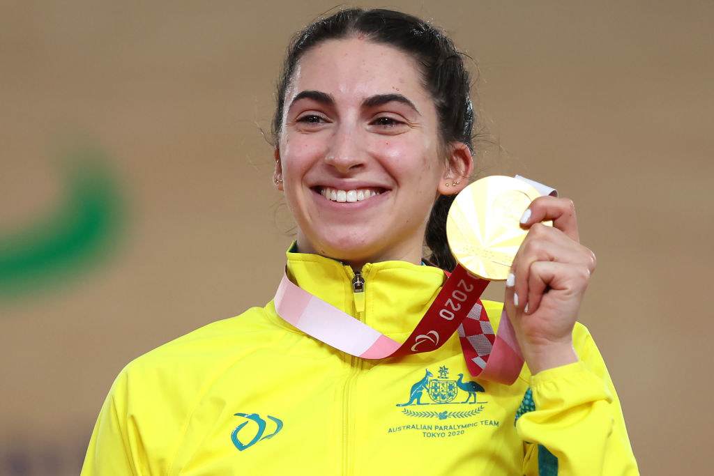 Gold medalist Paige Greco of Team Australia poses during the medal ceremony for Track Cycling Women’s C1-3 3000m Individual Pursuit