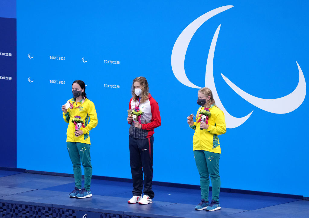 Russian Paralympic Committee&#x27;s Valeriia Shabalina (centre) with the gold medal, Australia&#x27;s Paige Leonhardt (left) with the silver medal and Australia&#x27;s Ruby Storm with the bronze medal after the Women&#x27;s 100m Butterfly - S14 Final