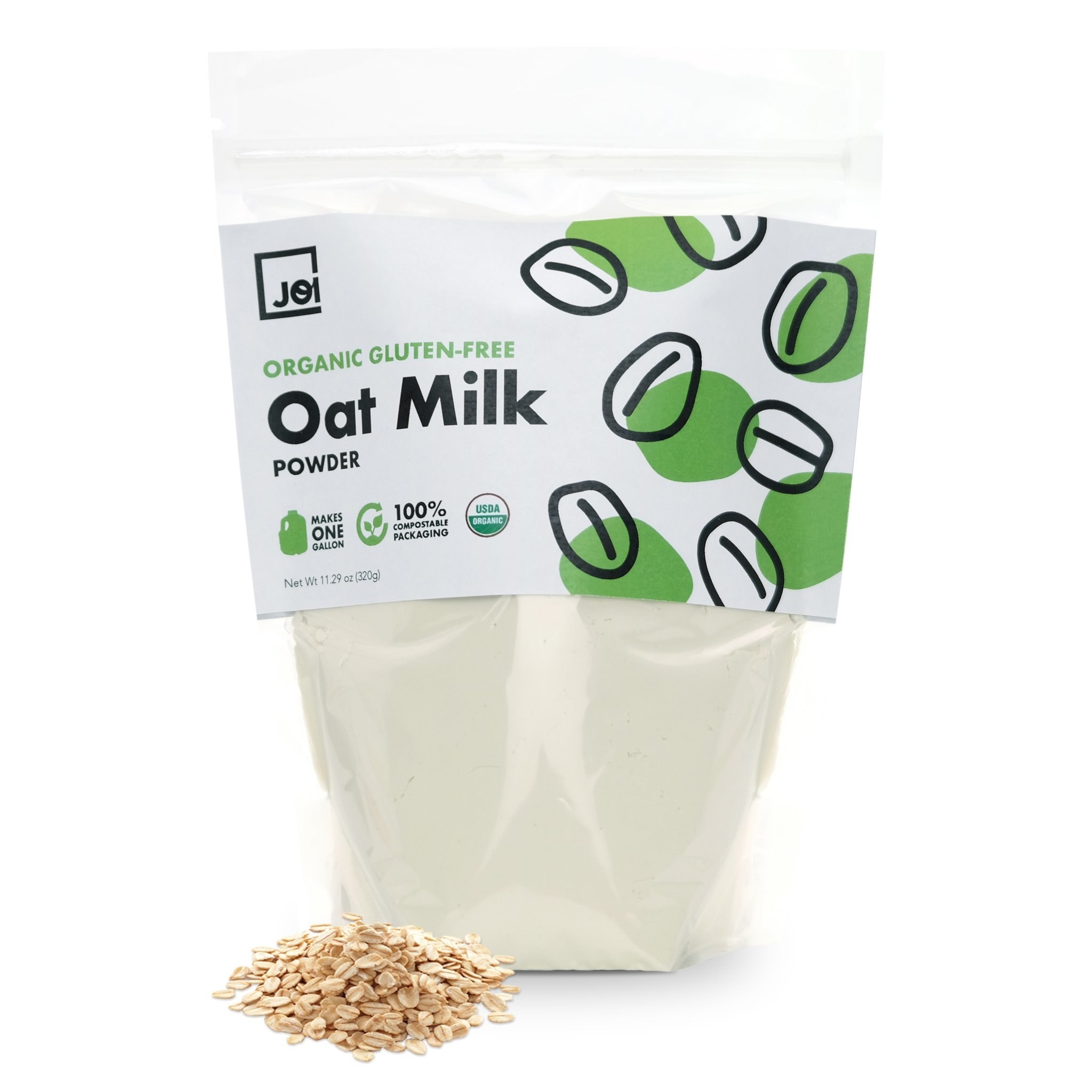 One package of organic, gluten-free Joi Oat Milk Powder with a small sample of the powder on the side