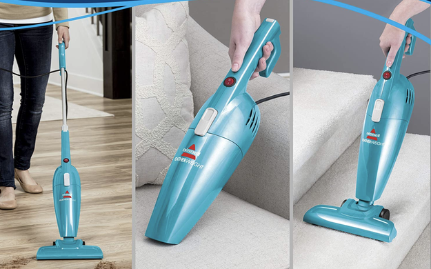 Model using slim vacuum upright on a floor, as a hand vac on a couch, and a mini vac on stairs