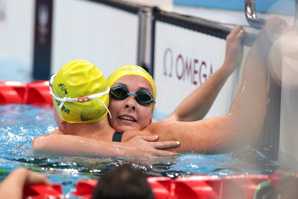 Paige Leonhardt and Ruby Storm of Team Australia celebrate after winning gold and bronze