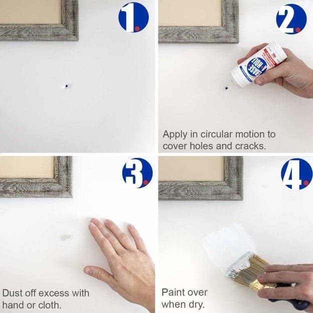 a guide on how to use the stick by erasing the hole, dusting off excess, and painting over it