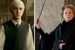 Draco Malfoy stands in the Great Hall looking worried and Professor McGongall holds her wand up in the air