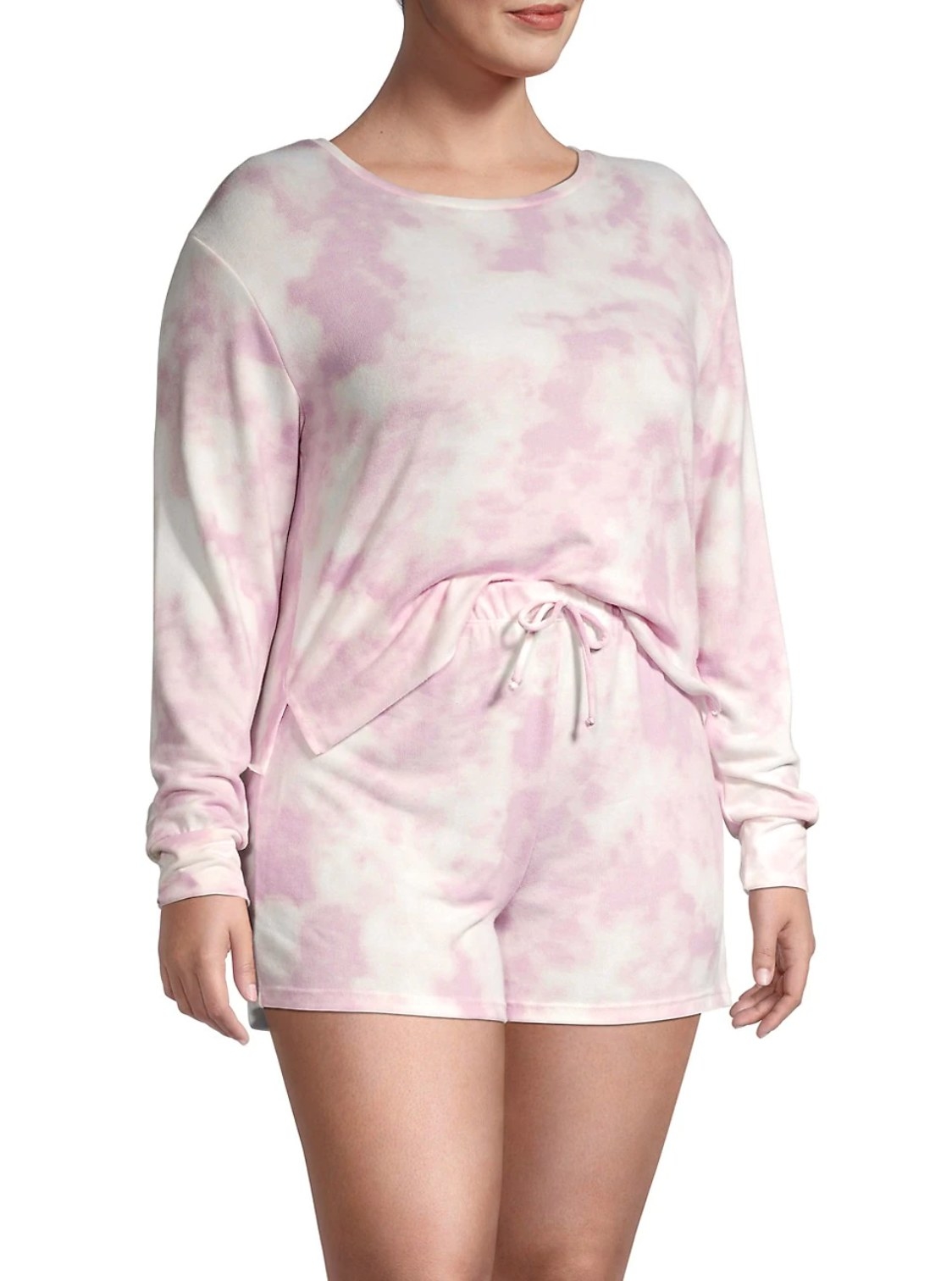 model wearing the shorts and long sleeve t-shirt set in light pink and white tie-dye