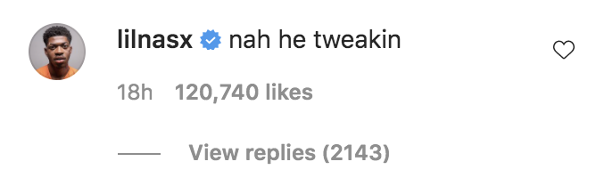 Screenshot of Lil Nas X&#x27;s &quot;Nah he tweakin&quot; IG comment