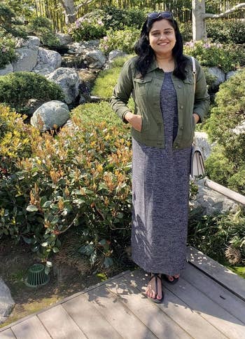 another reviewer wearing the olive green version with a maxi dress and sandals