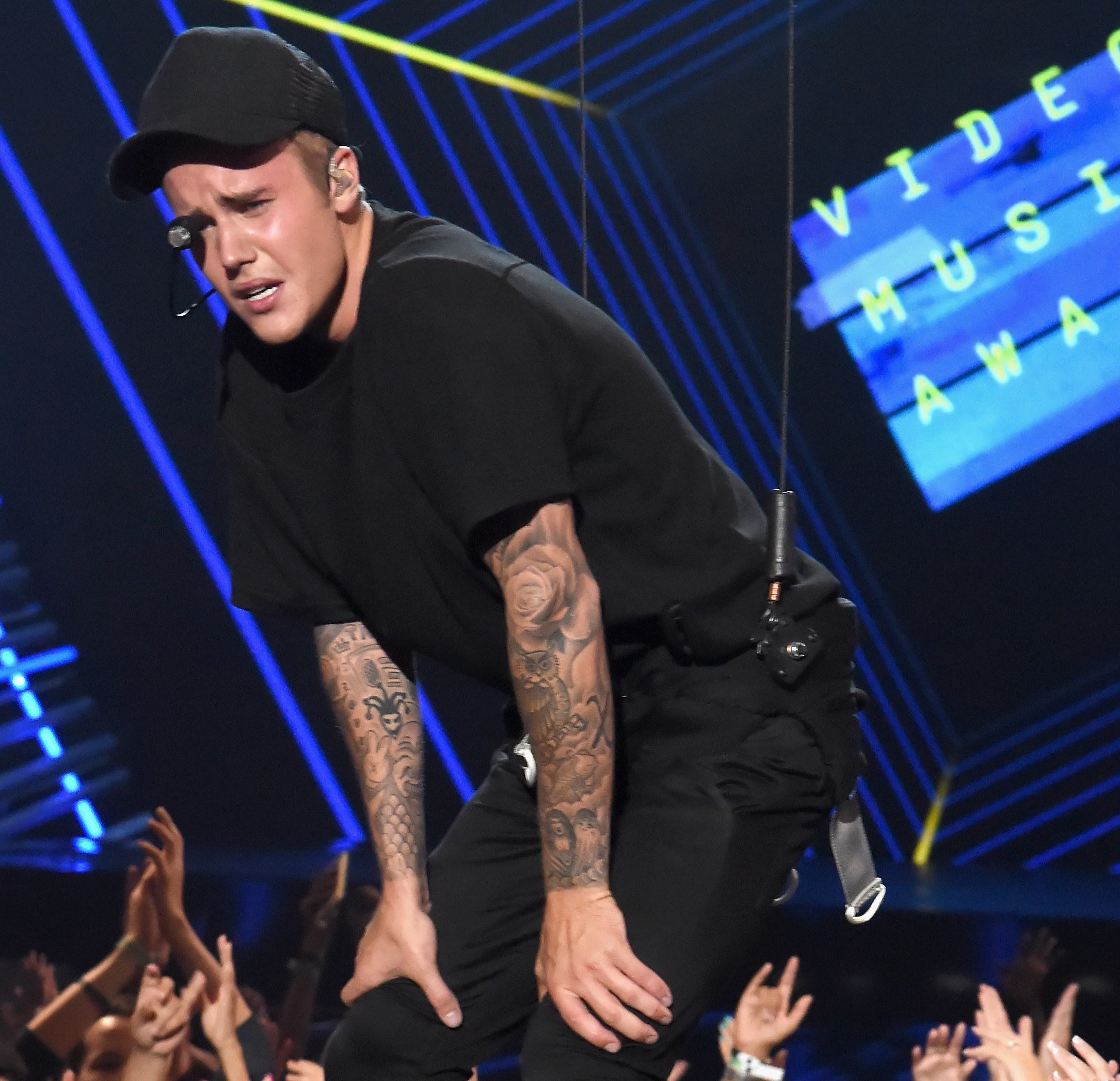 Justin Bieber gets emotional during his performance onstage during the 2015 MTV Video Music Awards at Microsoft Theater on August 30, 2015 in Los Angeles, California.