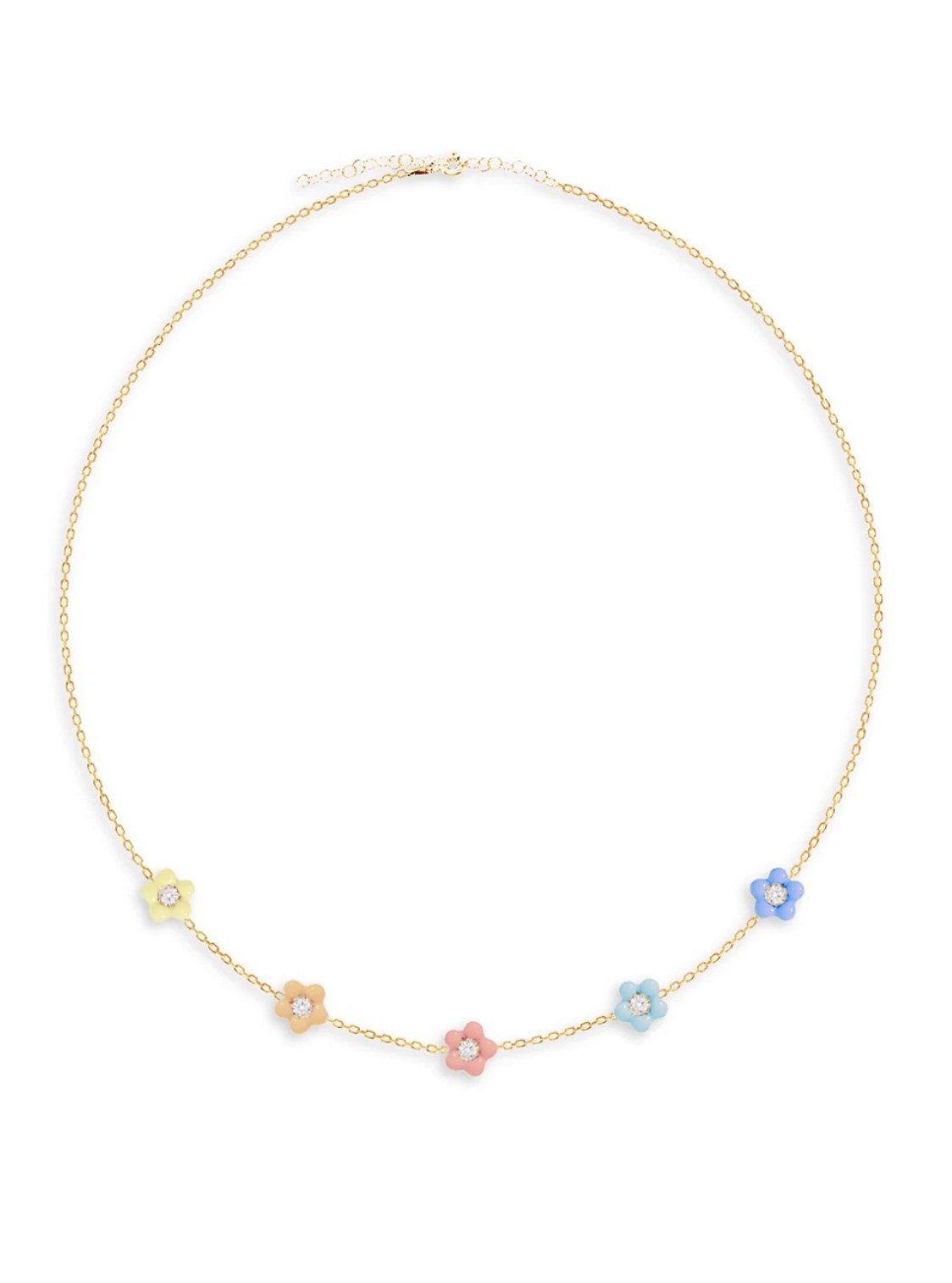 the gold necklace with five pastel flowers (yellow, orange, pink, light blue, and dark blue)