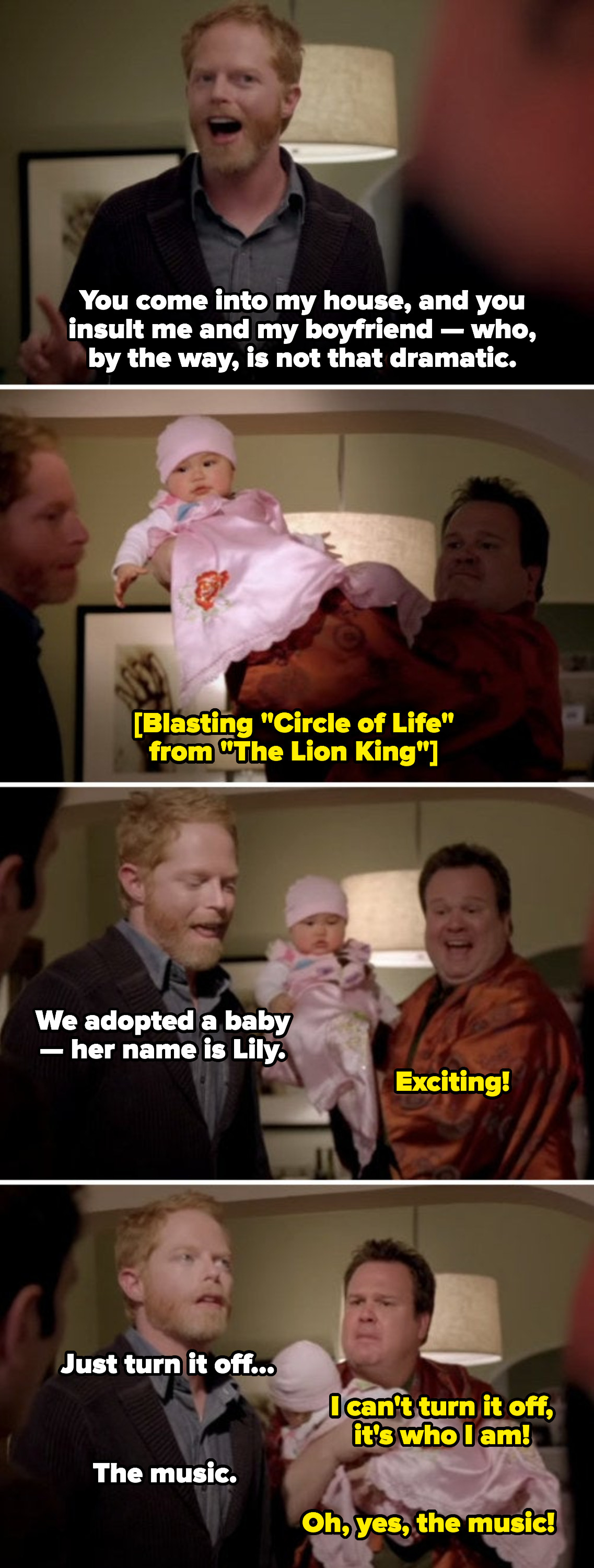 Cameron introducing Lily to the family by raising her in the air like Simba in &quot;The Lion King&quot;