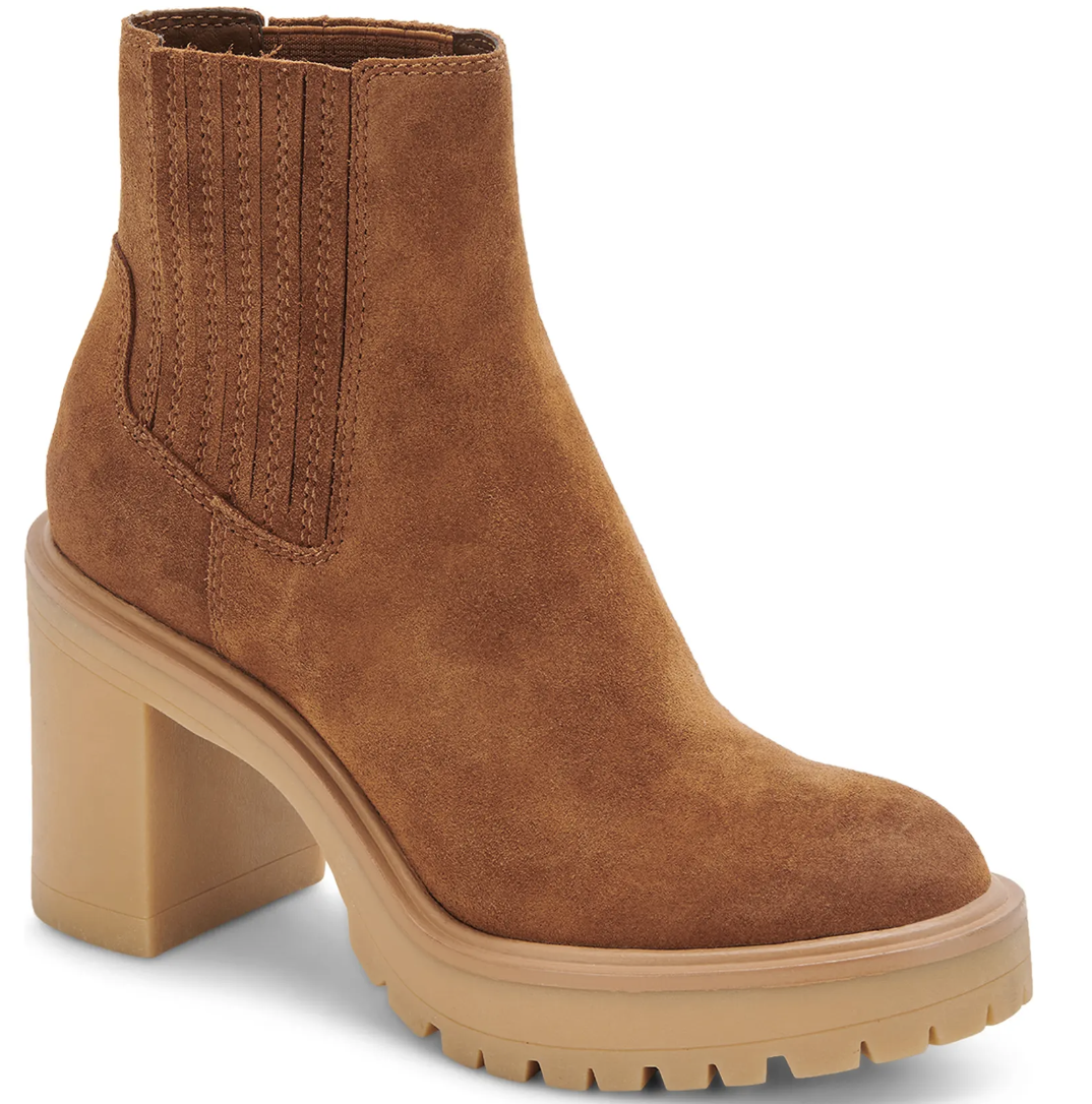 Camel colored slip on heeled bootie