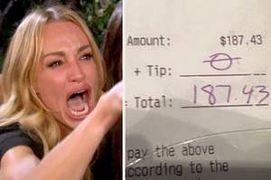 a woman screaming on the left and a zero dollar tip on a 187 dollar bill on the right