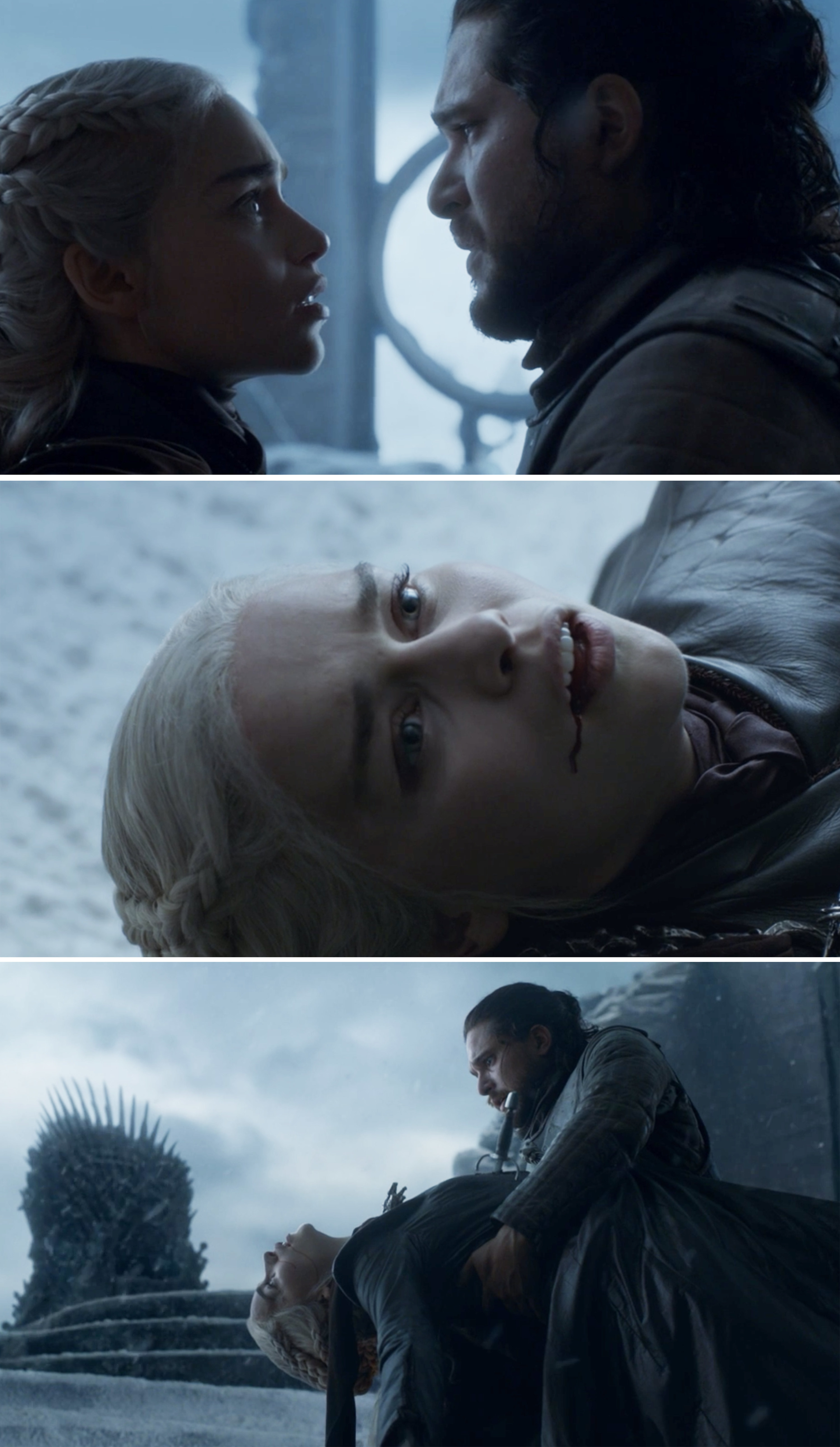 Jon stabbing Dany and her dying
