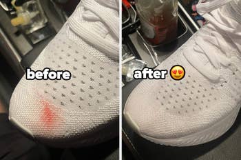 Reviewer white shoe with a red stain in a before pic, with the stain gone in the after pic