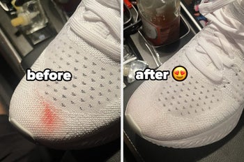 white shoe with a red stain in a before pic, with the stain gone in the after pic
