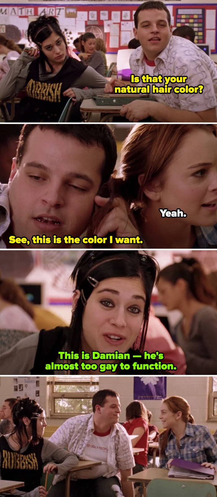 Damian complimenting Cady&#x27;s hair color, and Janis introducing him as: &quot;This is Damian — he&#x27;s almost too gay to function&quot;