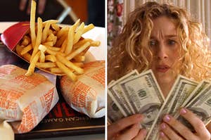 a mcdonald's meal on the left and carrie bradshaw on the right