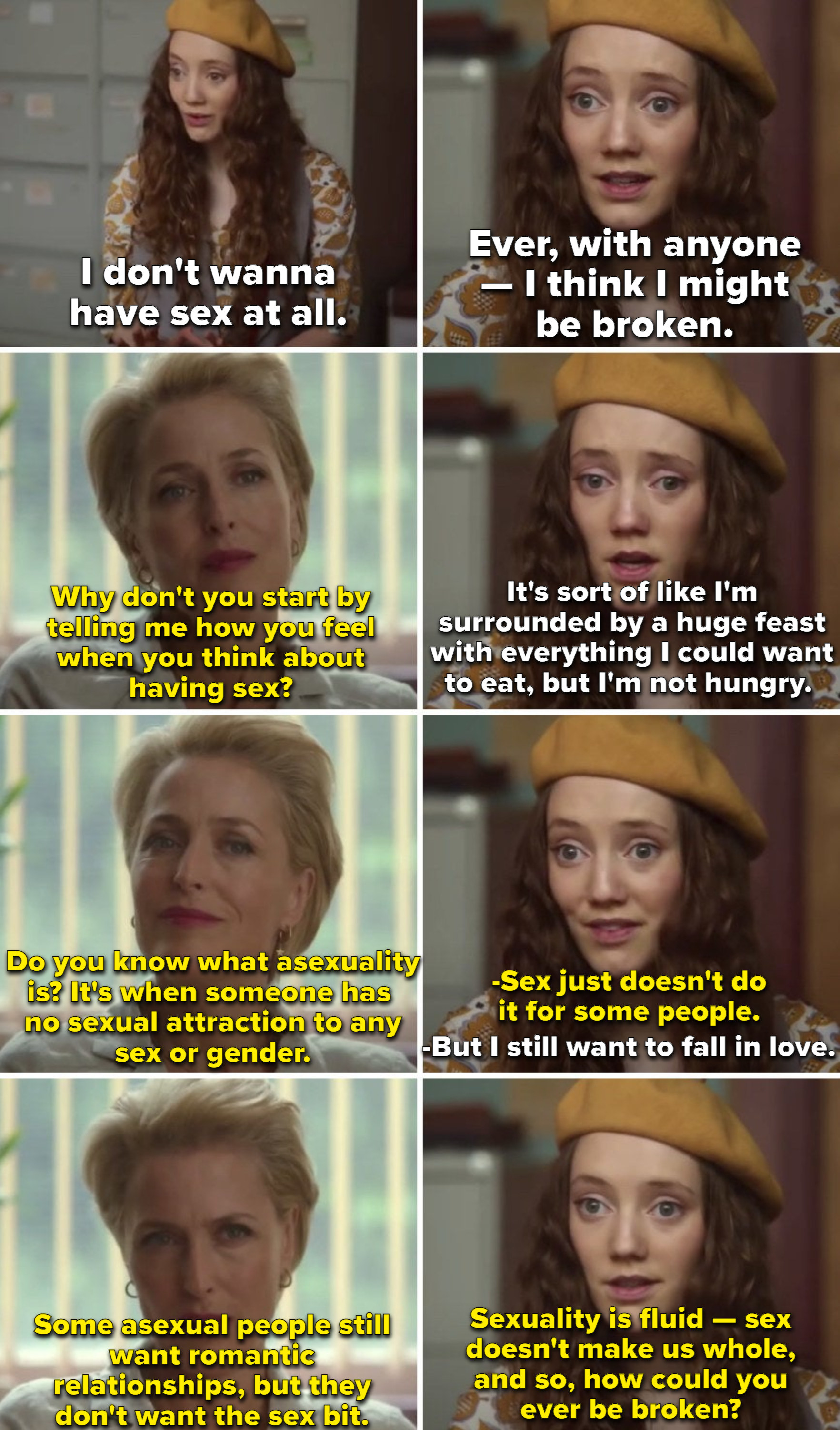Jean explaining to Florence the definition of asexuality, saying: &quot;Sexuality is fluid — sex doesn&#x27;t make us whole, and so, how could you ever be broken?&quot;