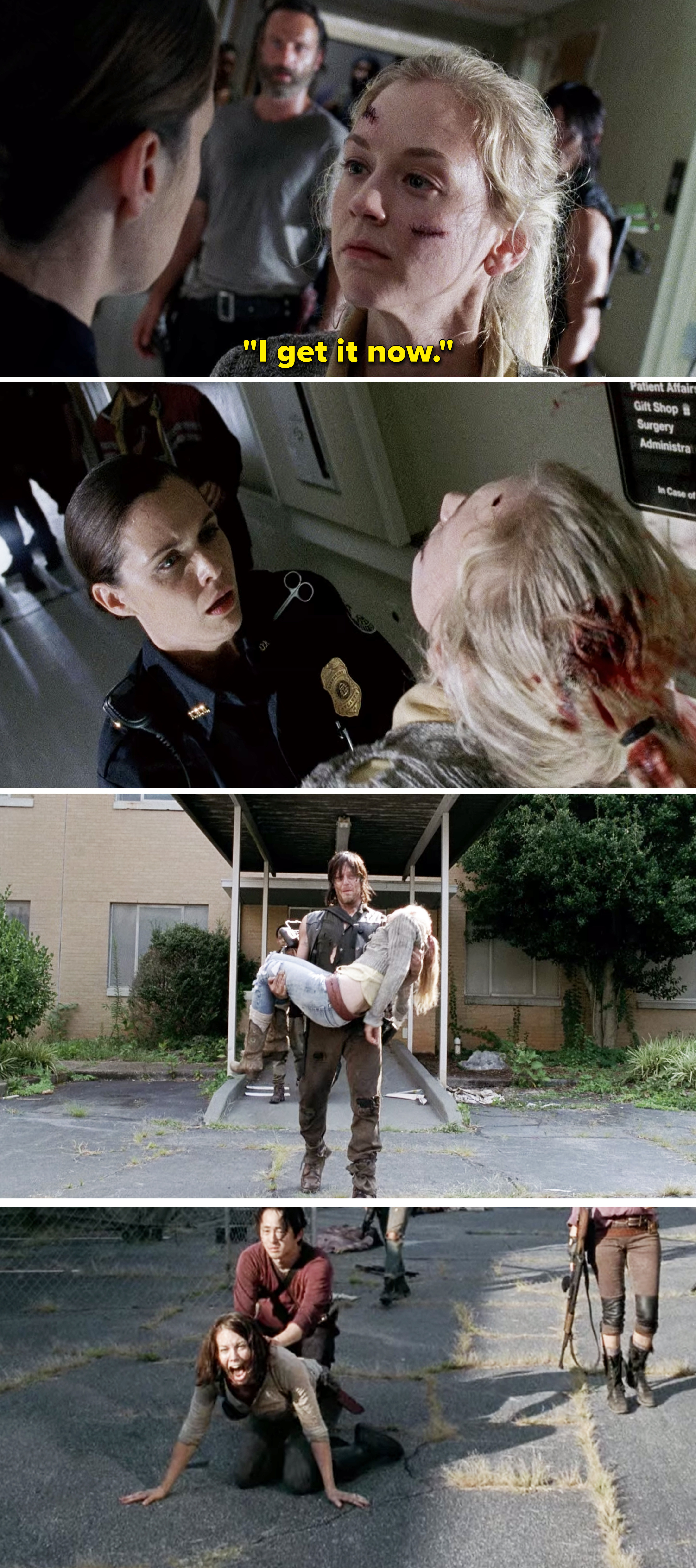 Beth saying, &quot;I get it now&quot; before dying and Maggie crying as Daryl carries Beth&#x27;s body
