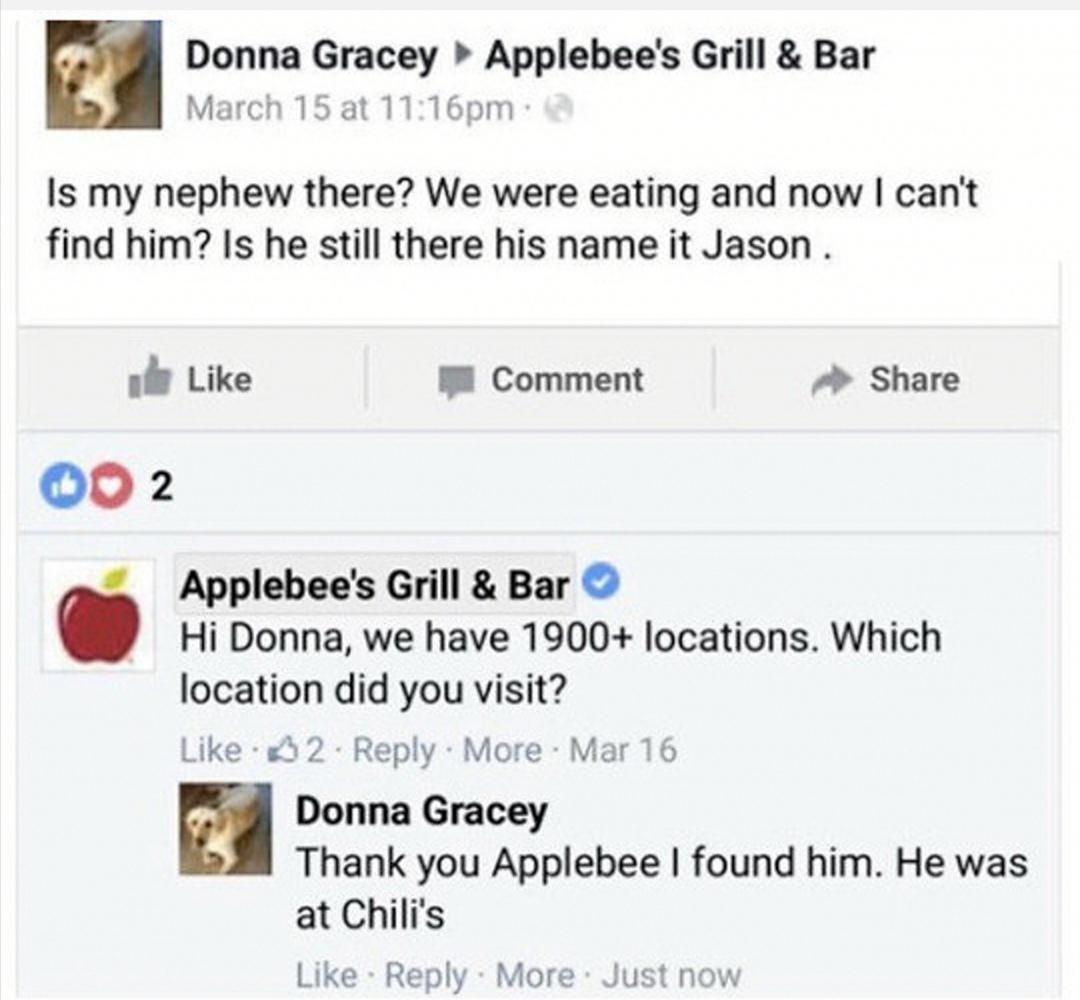 donna searching applebees for someone named jason but it tturns out tthey&#x27;re in a chilis