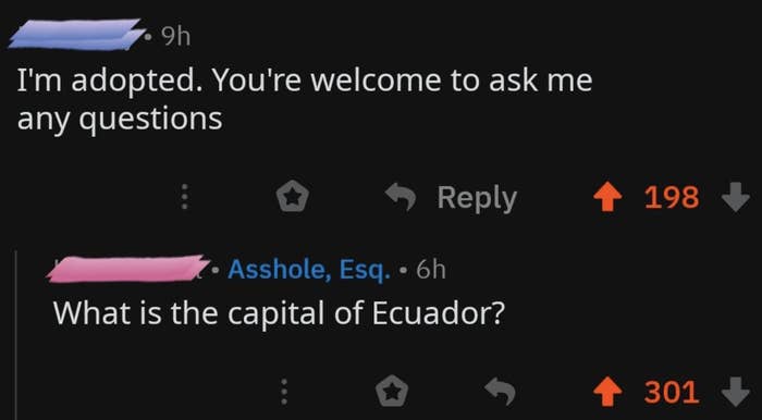 someone sayiing i&#x27;m adopted feel free to ask me questions and someone responds what is the capital of ecuador