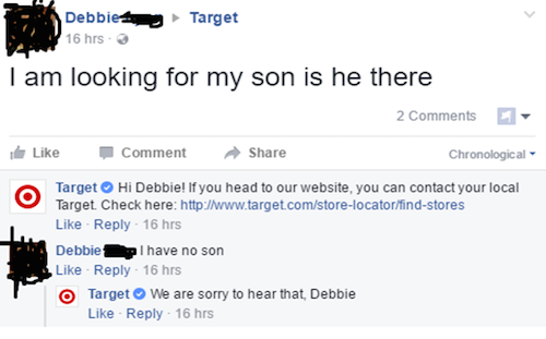 someone named debbie looking for their kid in target but it turns out they don&#x27;t have a son