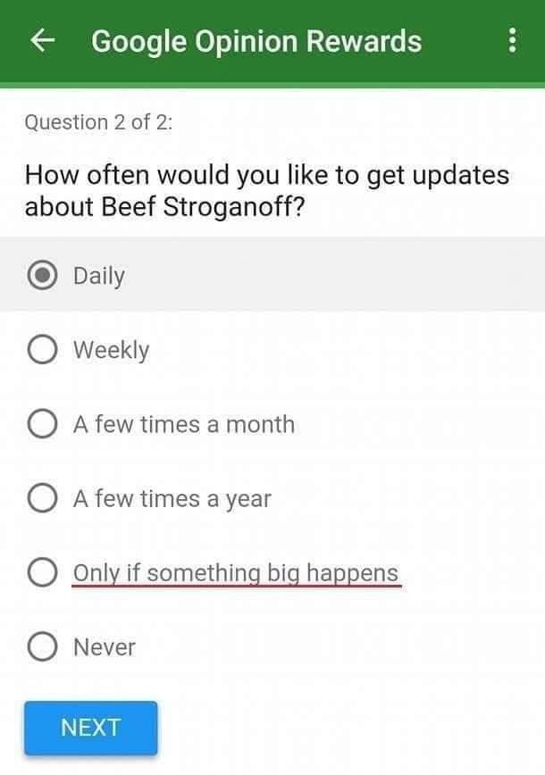 survey asking for updates on beef stroganoff