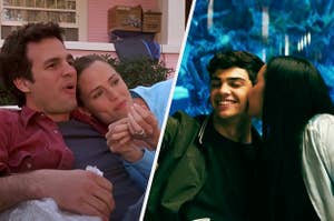 On the left, the couple from 13 Going On 30 cuddles on the couch. On the right, the couple from To All The Boys I've Loved Before poses for a selfie