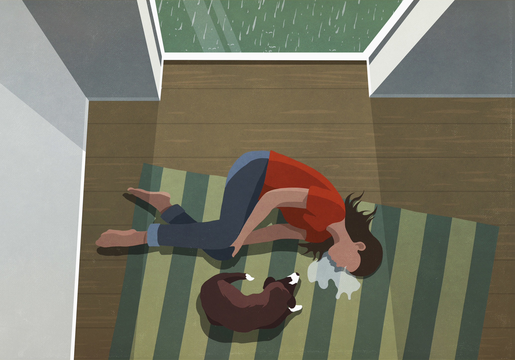 An illustration of a person lying on the ground crying next to a dog in a room as it rains outside