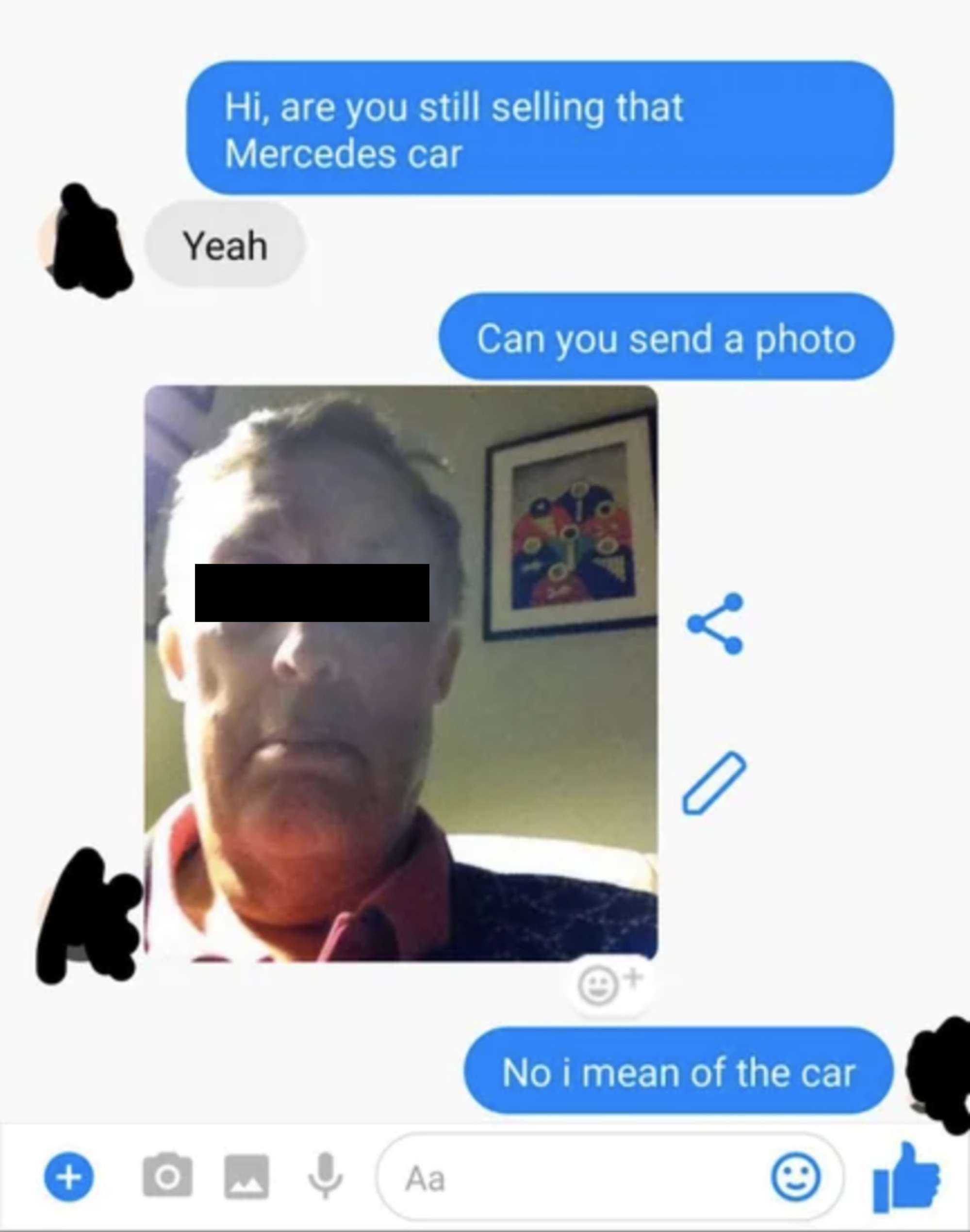 person asking for a photo of an item for sale and the seller sends a picture of themselves