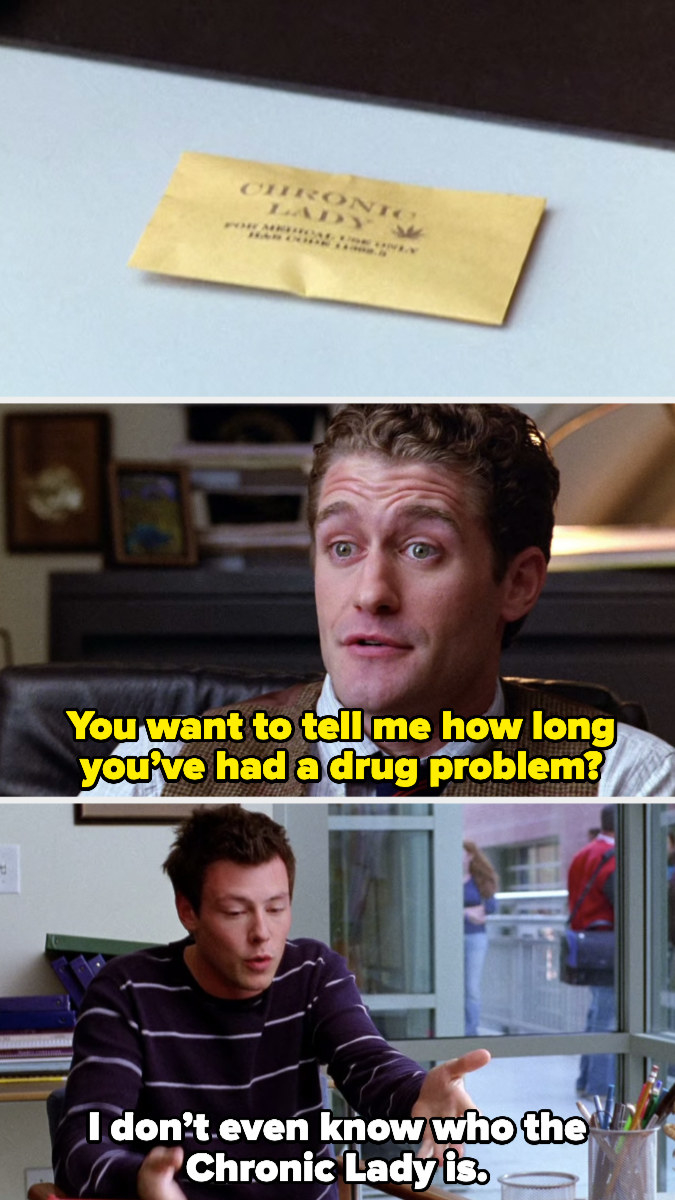 Mr. Schue questioning Finn about how long he&#x27;s had a drug problem and Finn having no idea what he&#x27;s talking about