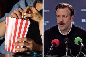 On the left, people grabbing popcorn from a box at the movies, and on the right, Jason Sudekis doing a press conference as Ted Lasso