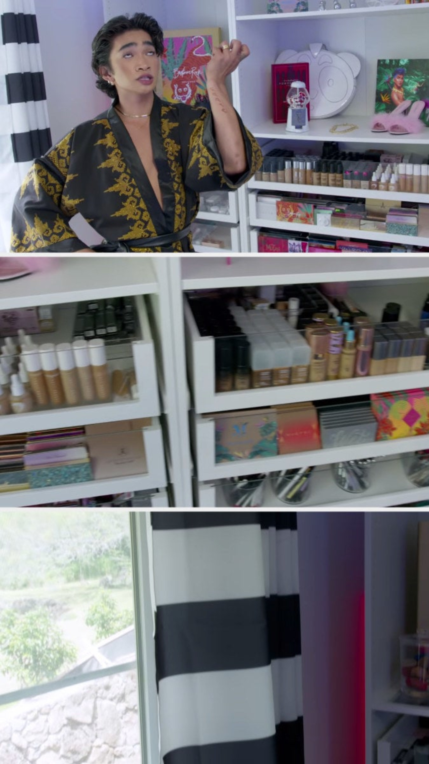 Bretman saying, &quot;I literally have sephora in my house&quot;, shelves upon shelves of makeup, and sephora themed curtains