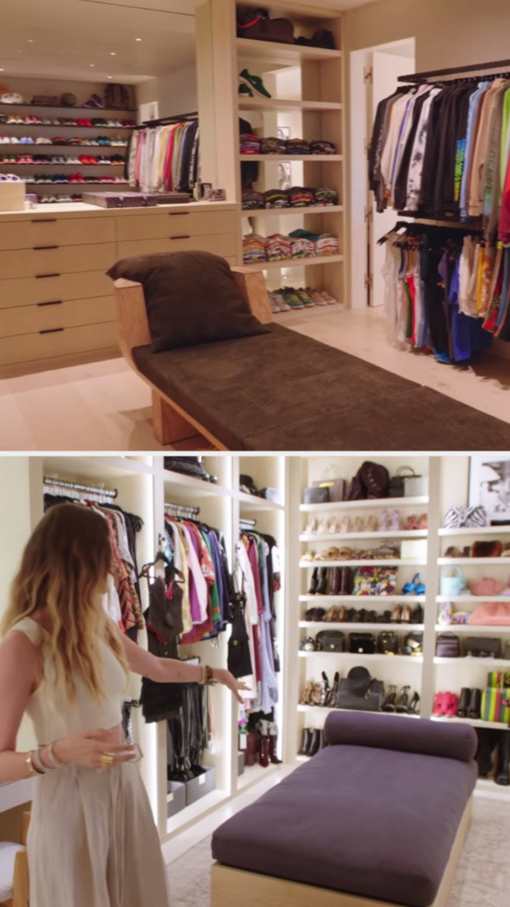 Adam and Behati&#x27;s walk-in closets, complete with center islands for accessories, chaise beds, and racks upon racks of shoes and clothings