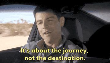 Person driving car states: &quot;It&#x27;s about the journey, not the destination.&quot;