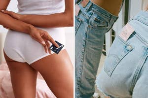 Model holding Lola condom behind her back and model with feminine wipe in back pocket