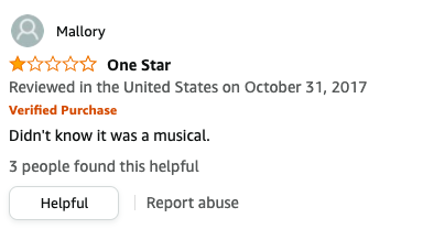 Mallory left a review called One Star that says, Didn&#x27;t know it was a musical