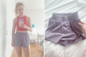 BuzzFeed editor in high waist elastic purple shorts
