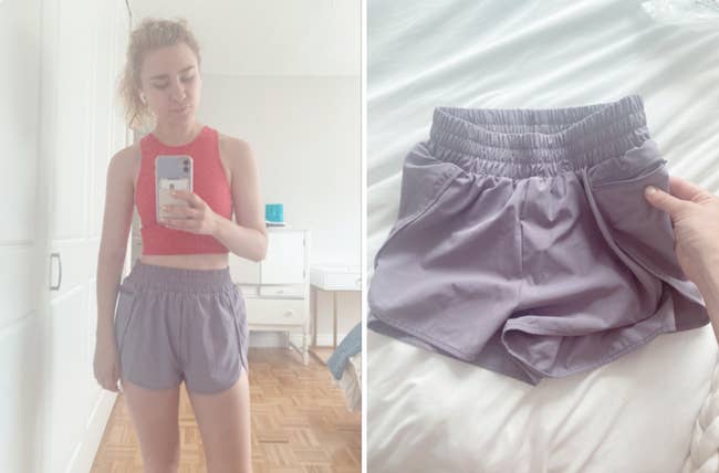 BuzzFeed Shopping writer in their high waisted elastic purple shorts