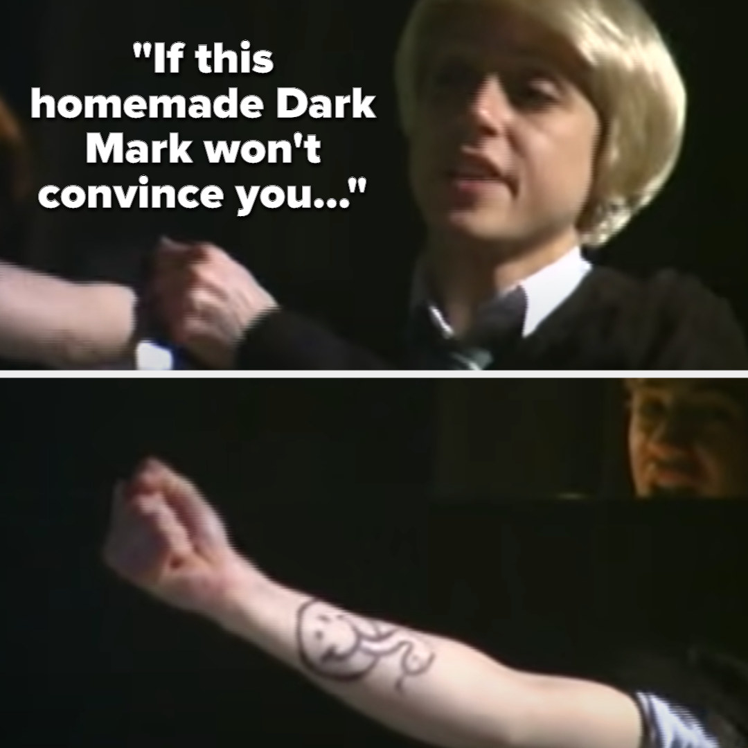 Draco says &quot;if this homemade dark mark won&#x27;t convince you...&quot; then shows a drawing of a smiley face with a snake coming out of its smile drawn in marker on his forearm