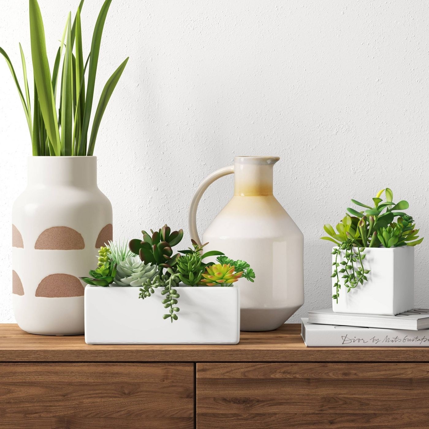 The artificial succulent plants in a pot