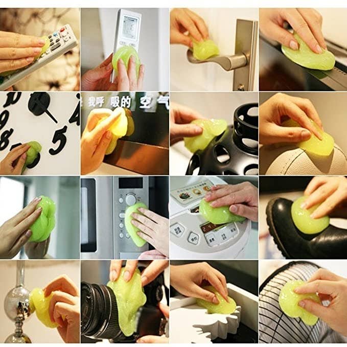 A collage showing that the cleaning jelly can be used to clean clocks, fans, cameras, appliances, surfaces, etc